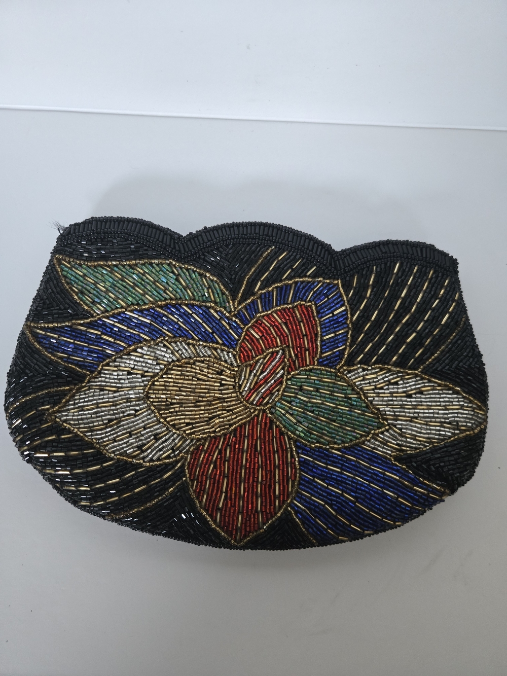 Vintage Art Deco Revival Beaded Black Multi Color Clutch Didas Zip Inner Pocket